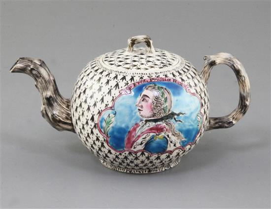 A Staffordshire saltglaze stoneware Frederick of Prussia commemorative teapot and cover, c.1760, height 10cm, some restoration